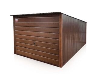 Plechová garáž 3×5 m zadní spád, výklopná vrata, široký panel Ořech