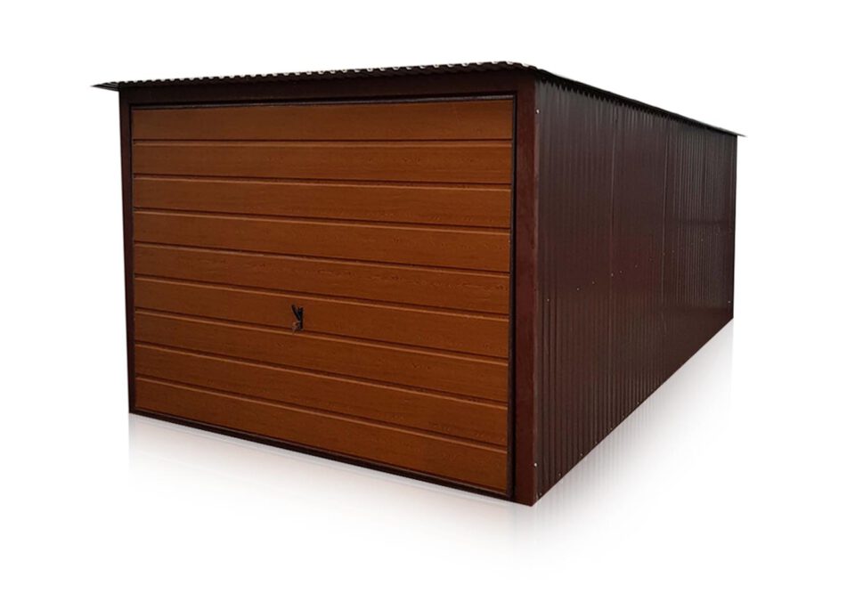 Plechová garáž 3×5m-zadní spád-výklopná vrata-široký panel