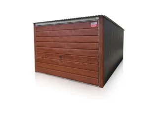 Plechová garáž 3×5 m zadní spád, výklopná vrata, široký panel Ořech
