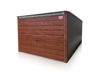 Plechová garáž 3×5 m zadní spád, výklopná vrata, široký panel Ořech