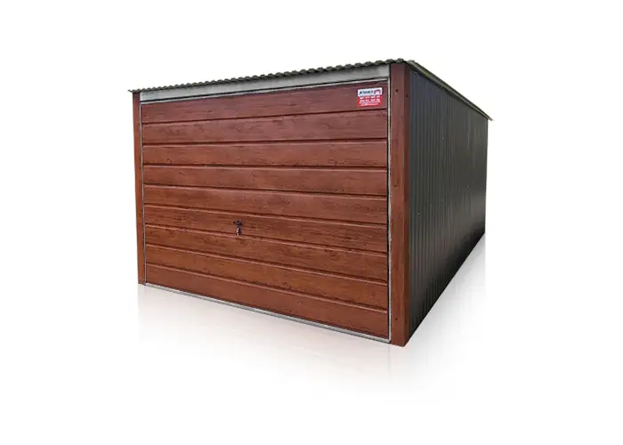 Plechová garáž 3×5 m zadní spád, výklopná vrata, široký panel Ořech