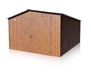 Plechová garáž 4 x 5 m sedlová střecha, imitace dřeva