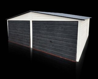Plechová dvougaráž 6 x 5 m matná bílá, výklopná vrata grafit se strukturou dřeva