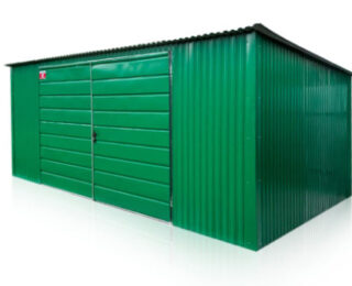 Plechová garáž, sklad 5 x 3 m s dveřmi, široký panel RAL 6029 zelená