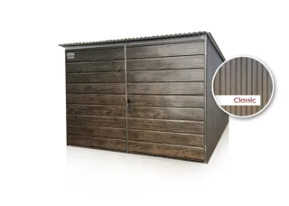 Plechová garáž 3 x 5 m dvoukřídlá vrata široký panel, tmavý lesklý ořech