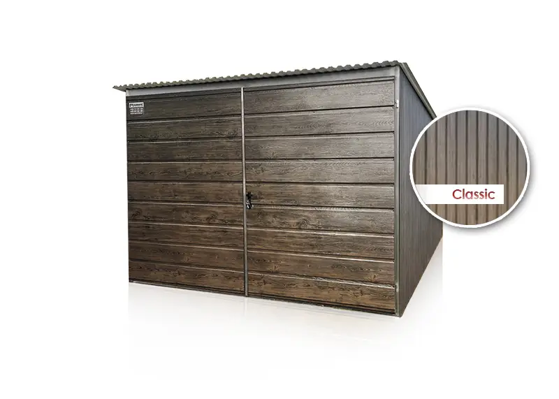 Plechová garáž 3 x 5 m dvoukřídlá vrata široký panel, tmavý lesklý ořech