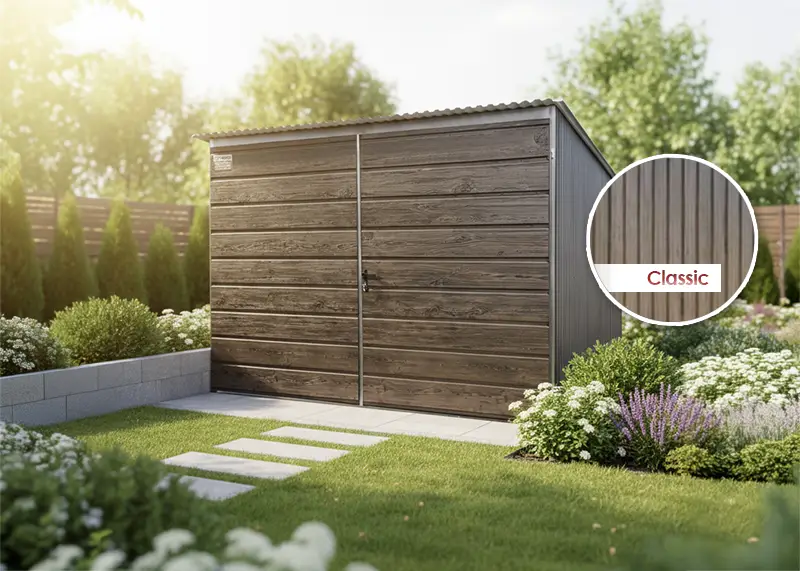 Plechová garáž 3 x 5 m dvoukřídlá vrata široký panel, tmavý lesklý ořech