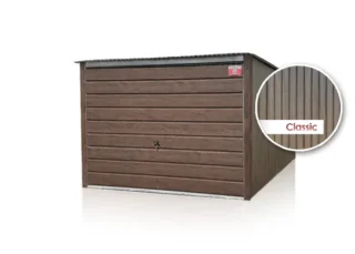 Plechová garáž 3x5m zadní spád, výklopná vrata, tmavý lesklý ořech