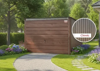 Plechová garáž 3x5m zadní spád, výklopná vrata, tmavý lesklý ořech