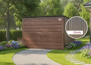 Eurostal - Plechová garáž 3x5m zadní spád, výklopná vrata, tmavý lesklý ořech