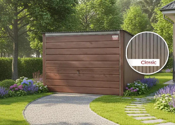 Plechová garáž 3x5m zadní spád, výklopná vrata, tmavý lesklý ořech