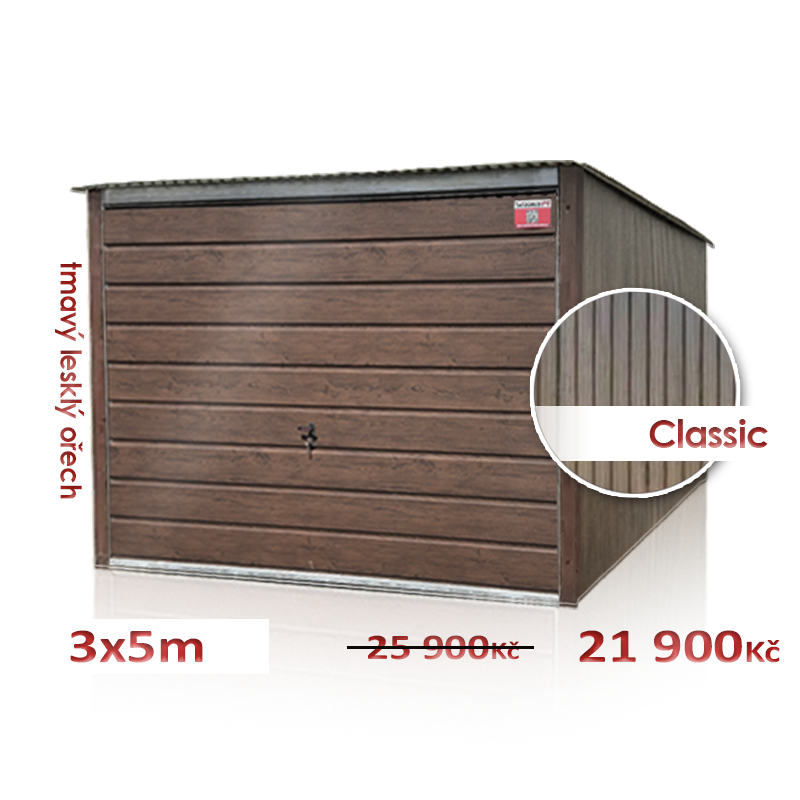 Plechová garáž 3x5m zadní spád, výklopná vrata, tmavý lesklý ořech - Eurostal.cz