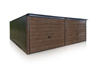 Plechová garáž 6x5m s výklopnými vraty v dekoru tmavý ořech