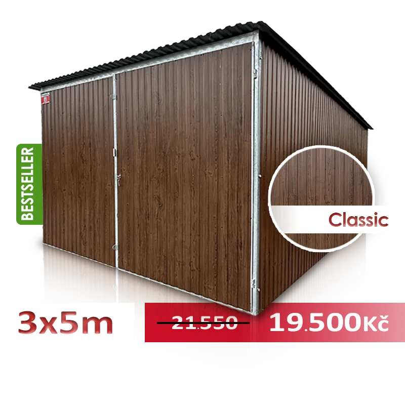 Eurostal.cz - Plechová garáž 3 x 5 m dvoukřídlá vrata, tmavý lesklý ořech