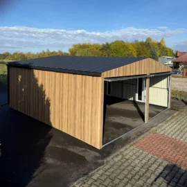Plechová dvojgaráž 6x6 m Winchester dub s antracitovou sedlovou střechou