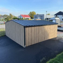 Plechová dvojgaráž 6x6 m Winchester dub s antracitovou sedlovou střechou