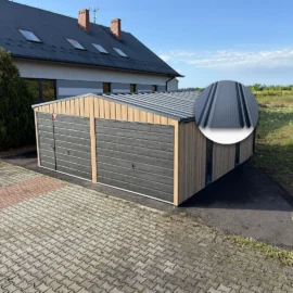 Plechová dvojgaráž 6x6 m Winchester dub s antracitovou sedlovou střechou