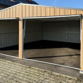 Plechová dvojgaráž 6x6 m Winchester dub s antracitovou sedlovou střechou