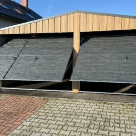 Plechová dvojgaráž 6x6 m Winchester dub s antracitovou sedlovou střechou